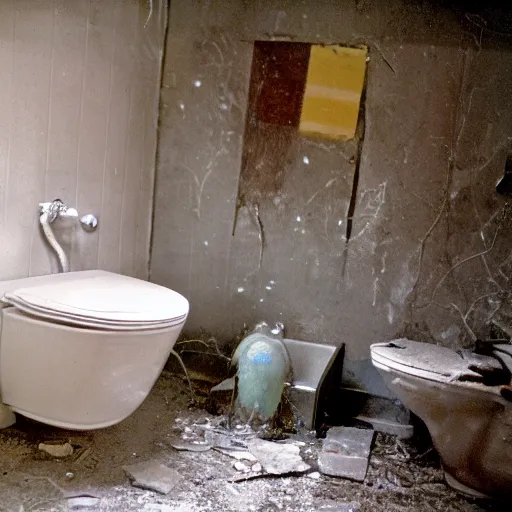 Image similar to hd photograph of a 1 9 6 0 s style home restroom, heavily soiled and damaged with age. the toilet bowl has broken and there is a thin layer of water covering the floor. in the bathtub there is a strange creature, made of liquid water, in the shape of a koifish.