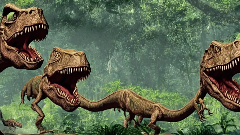 Prompt: Film screenshot of the original Jurassic Park movie by Disney Animation Studios, a singular T-Rex is roaring, cel shading, by Andy Gaskill and Rob Minkoff and Walt Disney.