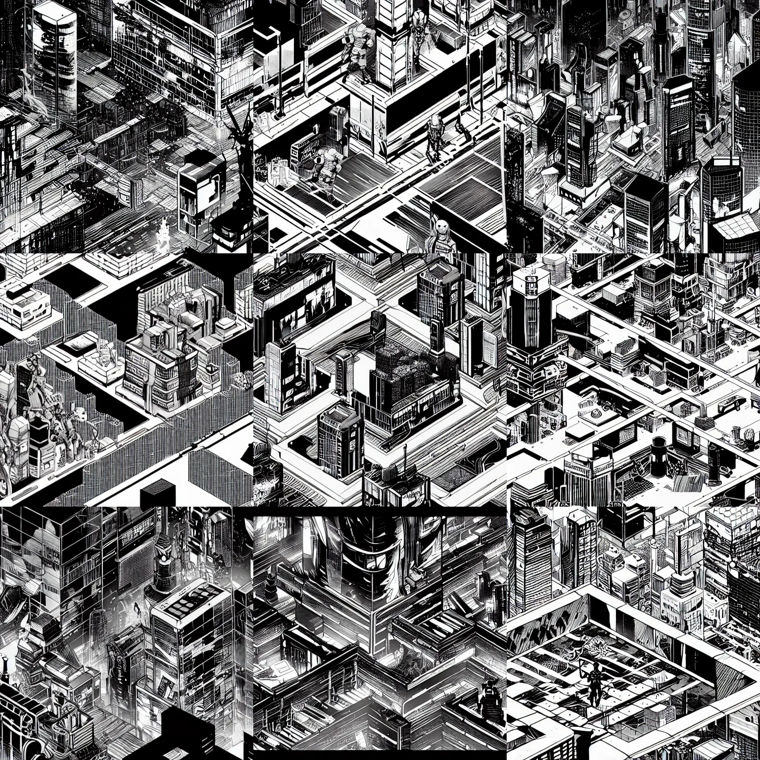 Prompt: black and white avengers fights, isometric, by tsutomu nihei, cyberpunk city background