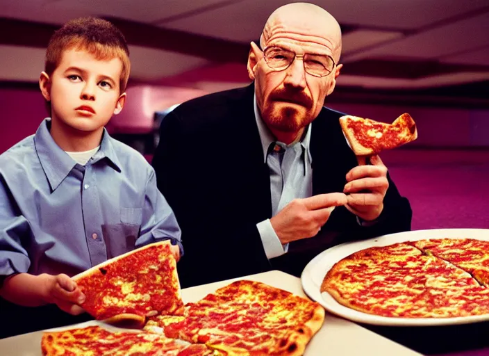 Prompt: portrait of walter white eating pizza sitting with president obama at chuck - e - cheese, dramatic lighting, moody film still from breaking bad ( 2 0 1 2 ), 3 5 mm kodak color stock, 2 4 mm lens, directed by rian johnson, ecktochrome
