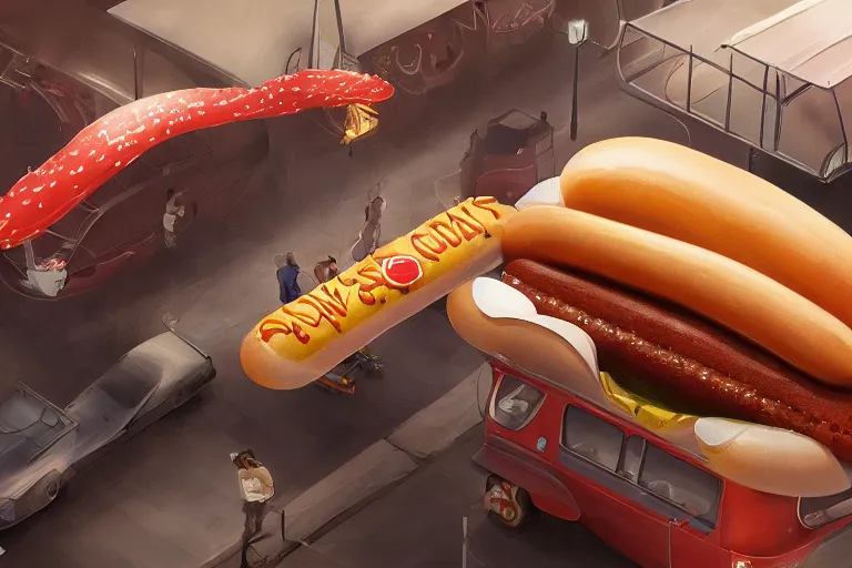 Image similar to ultra realistic illustration, flying vehicle of an hot dog seller, in a shape of an hot dog, sci fi, intricate, elegant, highly detailed, nobodies, digital painting, artstation, concept art, smooth, sharp focus, illustration, art by kezrek and daniel graffenberger