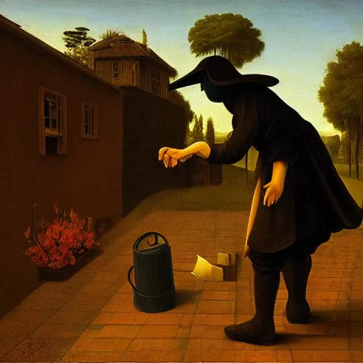 Image similar to a plague doctor picking herbs, golden ratio, morning light, renaissance painting, 8k