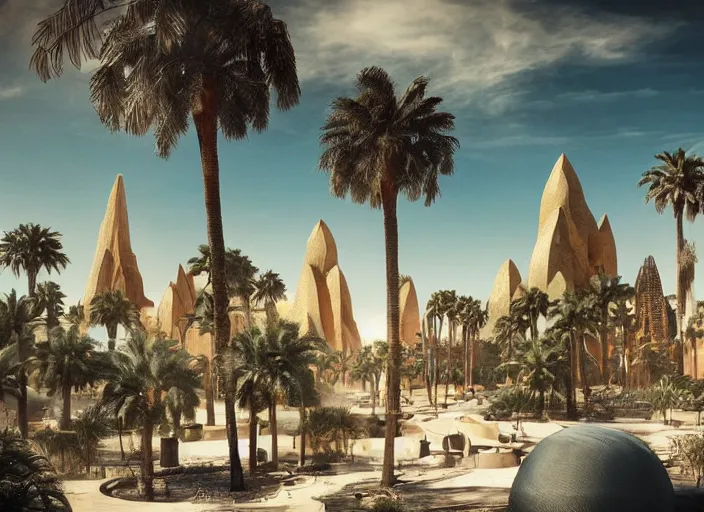 Image similar to cover concept art of the lost sand city, levitating sand, golden towers, golden pillars, palm trees, space and time, floating objects, post-processing, in the style of Hugh Ferriss, Behance, Artgerm. High detail, ultra realistic render, octane, 3D, photorealism, symmetric, cinematic from the umbrella academy