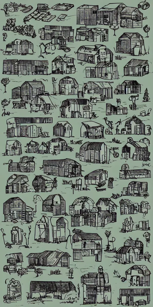 Image similar to Sketch Doodle diagram of different farms and building, industrial buildings, icons, people, tractors, animals, farm land, playful, settlers