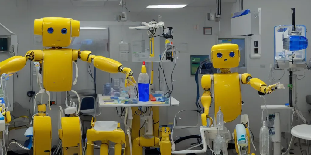 Prompt: a broken yellow human shaped robot standing in the middle injection with bunch of infusion therapy bottles