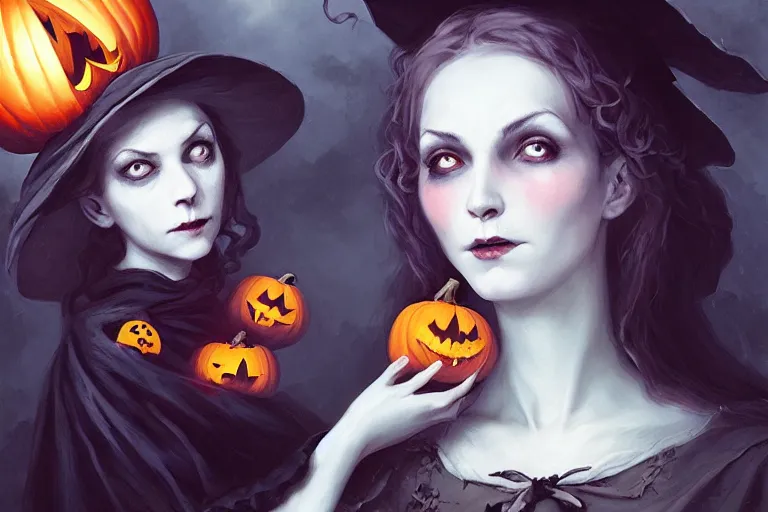 Image similar to portrait of a ghoulish victorian witch holding a jack - o - lantern, halloween night, charlie bowater, artgerm, ilya kuvshinov, krenz cushart, ruan jia, realism, ultra detailed, 8 k resolution