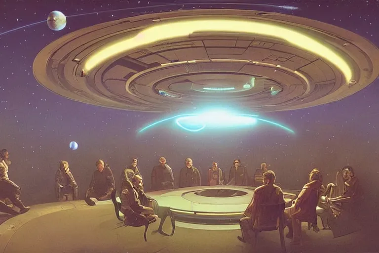 Prompt: ground view of a science fiction circular meeting room with bright holodesk in the center showing levitating planets of a solar system, dark people discussing, contrasted light, clair obscur, star wars vibe, star treck vibe, by greg rutkowski, by alphonse mucha, by moebius!!!, vivid colors