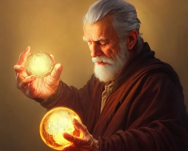 Prompt: old man holding a reflective orb, deep focus, d & d, fantasy, intricate, elegant, highly detailed, digital painting, artstation, concept art, matte, sharp focus, illustration, hearthstone, art by artgerm and greg rutkowski and alphonse mucha