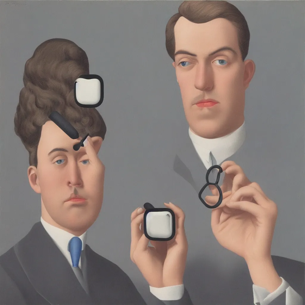 Image similar to i, a man wearing airpods pro and playing his iphone, by rene magritte
