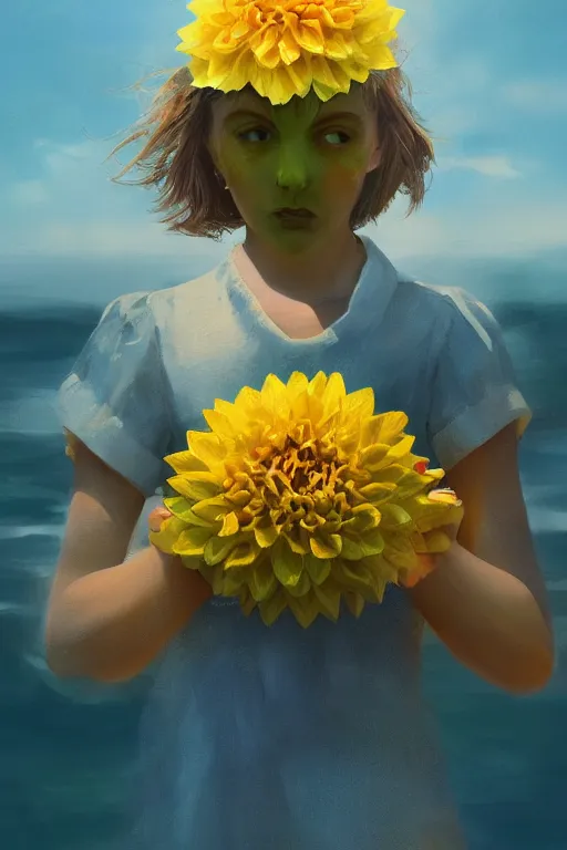 Image similar to closeup girl with huge yellow dahlia flower face, on beach, surreal photography, blue sky, sunrise, dramatic light, impressionist painting, digital painting, artstation, simon stalenhag