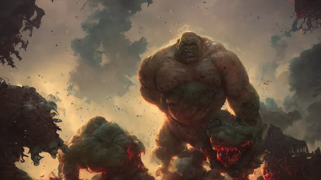 Image similar to a huge angry violent ogre stomps through a suburban neighborhood, people run, by yuumei, bayard wu, wlop, tim white, ross tran, 4 k