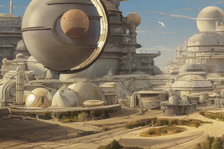 Prompt: a beautiful science fiction factory with spherical design by starwars and army in the french countryside during spring season, highly detailed painting by studio ghibli hd and louis remy mignot hd and leyendecker hd, nice afternoon lighting, smooth tiny details, soft and clear shadows, low contrast, perfect