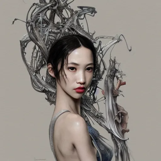 Image similar to Kiko Mizuhara, physically accurate, dramatic dynamic lighting, intricate, elegant, highly detailed, digital painting, artstation, very hyperrealistic, HR GIGER, Hieronymus Bosch, Francis Bacon, concept art, smooth, sharp focus, illustration, art by artgerm and greg rutkowski and alphonse mucha