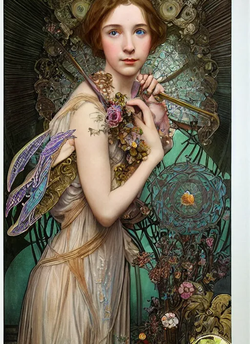Prompt: realistic detailed painting of a 1 6 - year old girl who resembles millie bobby brown and saoirse ronan, parted lips, glowing, blushing, as a fairy wearing intricate, detailed full - plate art nouveau style jeweled armor, by alphonse mucha, ayami kojima amano, charlie bowater, karol bak, greg hildebrandt
