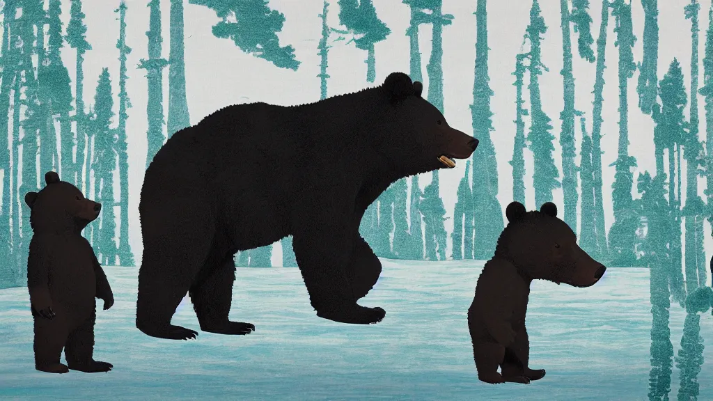 Image similar to a mama and baby bear at a seaside landscape with sequoia trees, japan, a collage painting, in the style of wes anderson, lola dupre, david hockney, isolated on negative white space background dark monochrome neon spraypaint accents volumetric octane render