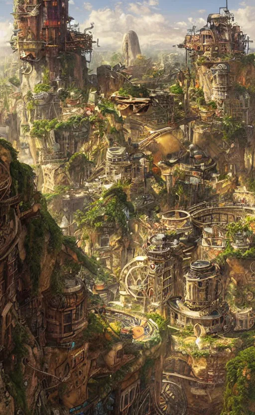 Image similar to steampunk city on a cliff, dense foliage poster art by kim jung giu and weta studio, and lucasfilm and jesper ejsing and norman rockwell greg rutkowski frank frazzeta