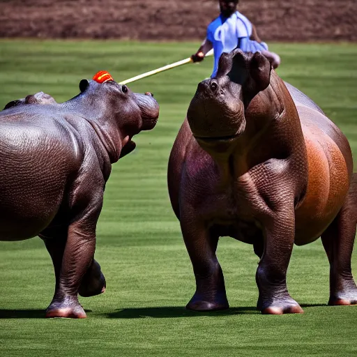 Image similar to polo played with humans and hippopotamuses. sports photograph.