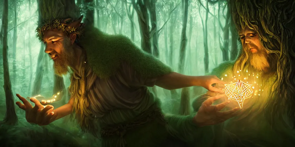 Image similar to a mythical, magical forest spirit wizard casting a spell on dice, glowing energy, fantasy magic, by willian murai and jason chan and marco bucci, hyper detailed and realistic, illustration, sharp focus, cinematic, rule of thirds, foresthour