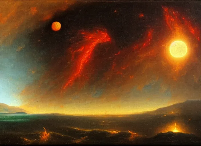 Prompt: the impact of the planet gaia on the earth, right before the moon forms, seas of fire everywhere. in the style of hudson river school of art, oil on canvas