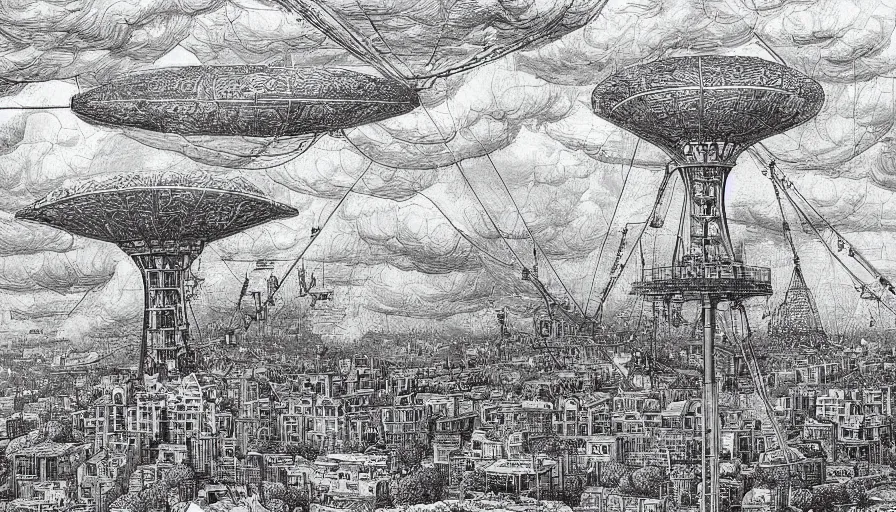 Image similar to Buckminster at home in an inflated stainless steel chrome gondola in the clouds, people are hanging by steel cables. Oil rigs in the sky. Intricate technical drawing. Mammatus clouds. Ornate, brilliant, utopian, detailed, Golden ratio, solarpunk