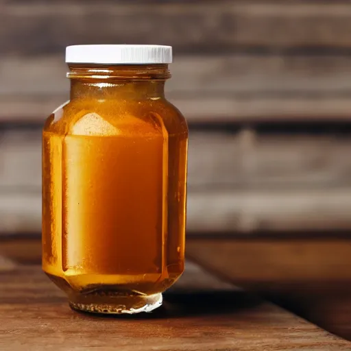 Prompt: a jar of honey in a beehive, product photo