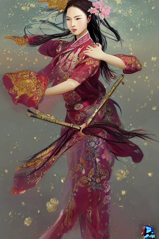 Image similar to portrait wuxia sword dance Girl, Chinese costume, in forbidden City Rainning, flowers sea everywhere, ssci-fi, fantasy, intricate, very very beautiful, elegant, highly detailed, digital painting, artstation, concept art, smooth, sharp focus, illustration, art by tian zi and WLOP and alphonse mucha