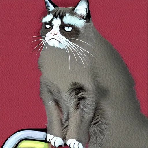 Image similar to a grumpy cat at a garage sale, digital art