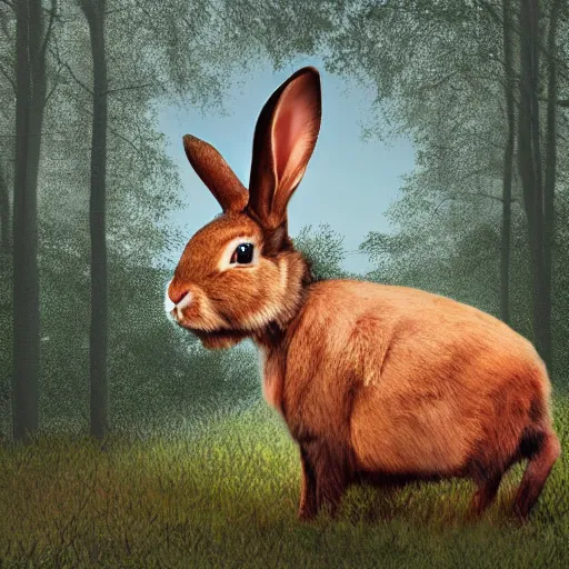 Prompt: Digital art of a rabbit mixed with a ox in the woods