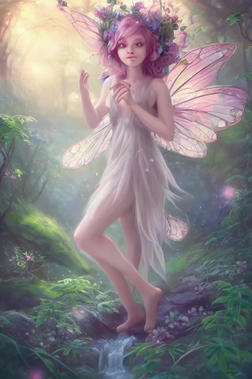 Image similar to a cute and geogerous fairy in the dreamy forest, fantasy, dreamlike, 8 k resolution, hyper detailed, d & d, character design, digital painting, trending on artstation, sharp focus, illustration, art by viktoria gavrilenko, hoang lap, fuji choko, steve zheng,