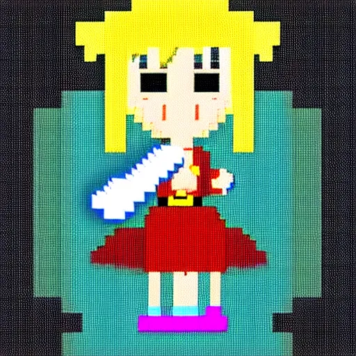 Prompt: pixel art of girl with sword, nintendo