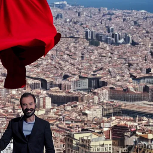 Image similar to santigo abascal flying over barcelona wearing a red cape