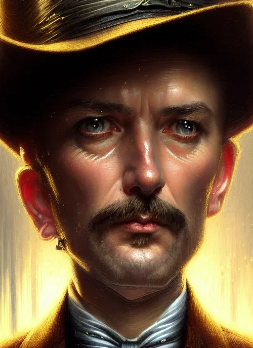 Image similar to closeup portrait shot of a victorian detective in a scenic cyberpunk mystery environment, intricate, elegant, highly detailed, centered, digital painting, artstation, concept art, smooth, sharp focus, illustration, artgerm, tomasz alen kopera, peter mohrbacher, donato giancola, joseph christian leyendecker, wlop, boris vallejo