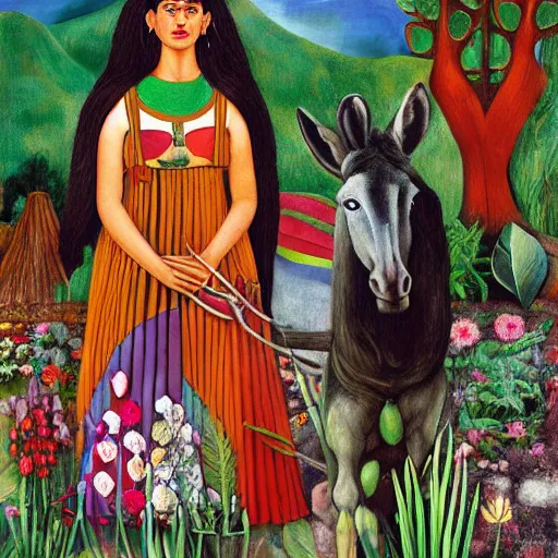Prompt: hippie woman outside of earthship in garden with donkey Frida kahlo painting