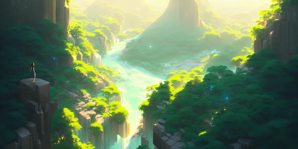 Prompt: evergreen valley, several waterfalls, ancient marble city, tall buildings, landscape, by makoto shinkai and lois van baarle, ilya kuvshinov, rossdraws, tom bagshaw, global illumination, morning light, radiant light, bird's eye view