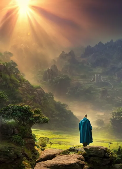 Image similar to a cosmic monk in lord of the rings scenery landscape, looking out at a vast lush valley at sunrise, huge ancient chinese temple in the distance, god's rays, highly detailed, vivid color, cinematic lighting, perfect composition, 8 k, gustave dore, derek zabrocki, greg rutkowski, belsinski, octane render