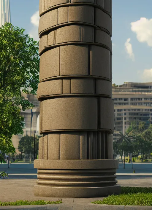 Image similar to highly detailed realistic architecture 3 d render of a futuristic stele column monument in frank lloyd wright style standing in city park, archdaily, made in unreal engine 4 octane render