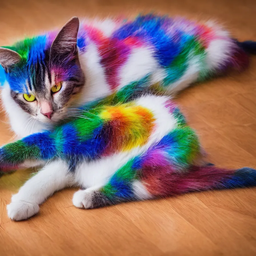 Image similar to a Rainbow cat lying on the floor, ultra realistic, 8K