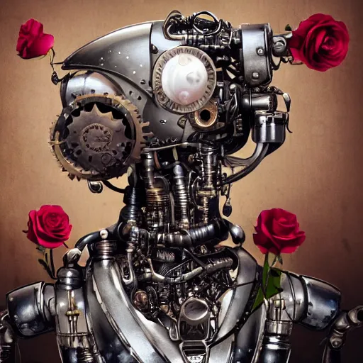 Image similar to a beautiful intricate fine art portrait photo of a a mechanical industrial steampunk cybernetic robot making silly funny faces, by tom bagshaw and zach sutton, roses surrounding the robot, perfection!, milk bath photography, studio lighting, 35mm lens, very detailed, bionic, cybernetic scifi, deep depth of field, artstation, 8K, highly coherent