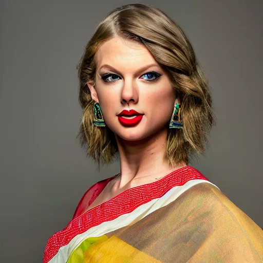 Prompt: Portrait of taylor swift wearing assamese bihu mekhela sleeveless silk saree, symmetrical face by Artgerm, anatomically correct proportions, XF IQ4, 250MP, 50mm, F1.4, ISO 200, 1/250s, natural skin tone, soft cinematic light, color and contrast corrected adobe raw, Adobe Lightroom, photolab, model photography by Steve McCurry in the style of Annie Leibovitz, HDR, assam tea garden background, intricate, elegant, highly detailed,sharp focus, daz studio genesis iray shaders