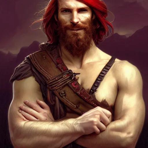 Image similar to portrait of a young ruggedly handsome but joyful pirate, male, masculine, upper body, deep red crimson hair, long hair, d & d, fantasy, roguish smirk, intricate, elegant, highly detailed, digital painting, artstation, concept art, matte, sharp focus, illustration, art by artgerm and greg rutkowski and alphonse mucha