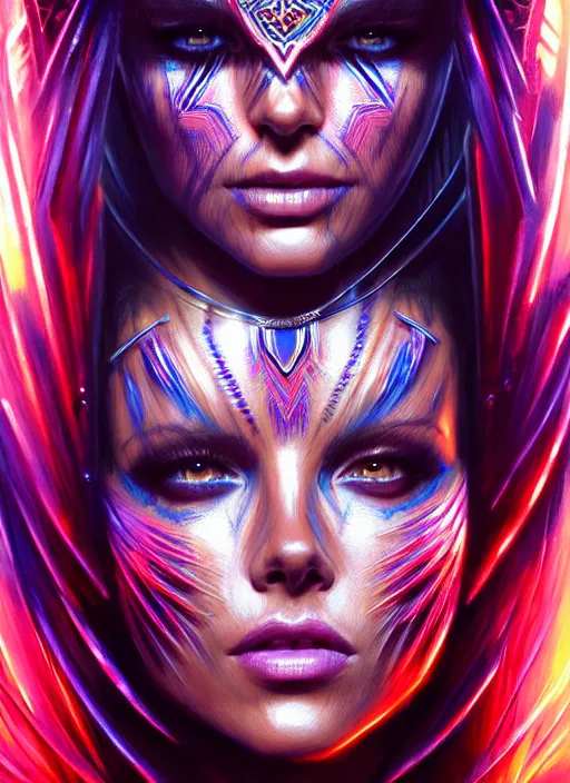 Image similar to portrait, hyper detailed ultra sharp aztec underworld warrior trance girl, breathtaking, kate beckinsale. trending on artstation, warpaint aesthetic, earthwave, colorful, neon, ornate, intricate, digital painting, concept art, smooth, sharp focus, illustration, art by artgerm and greg rutkowski and h. r. giger, 8 k