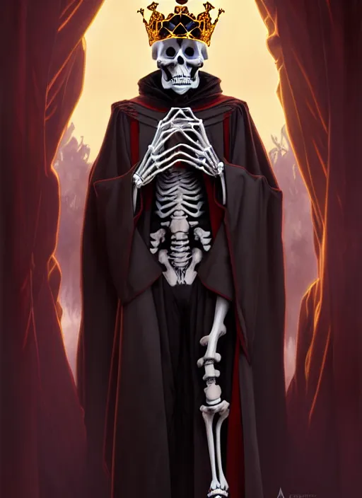 Prompt: undead skeleton king, wearing an academic gown, regal, tarot card, highly detailed, deep focus, elegant, digital painting, smooth, sharp focus, illustration, ultra realistic, 8 k, art by artgerm and alphonse mucha and greg rutkowski