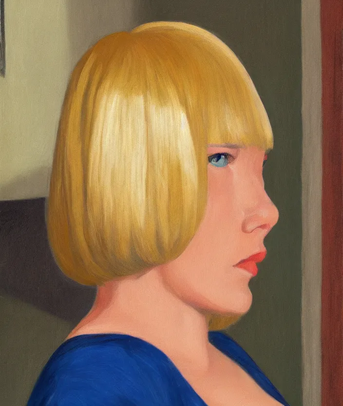 Image similar to a closeup portrait of woman with a blonde bob with bangs, in the style of edward hopper, very fine brush strokes, 4 k,