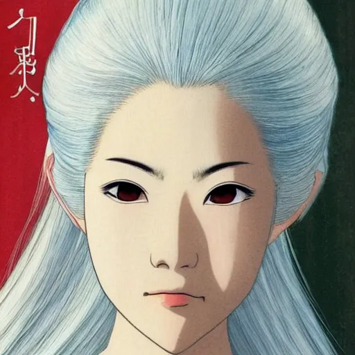 Prompt: Portrait of a japanese princess young lady, with white hair!!!! beauty artwork by Studio Ghibli, white hair