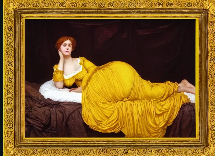 Image similar to portrait of lady reclining on bed wearing yellow ochre ornate medieval dress, foreshortening, framed, preraphaelite colour photography by frederic leighton, william morris, 8 k
