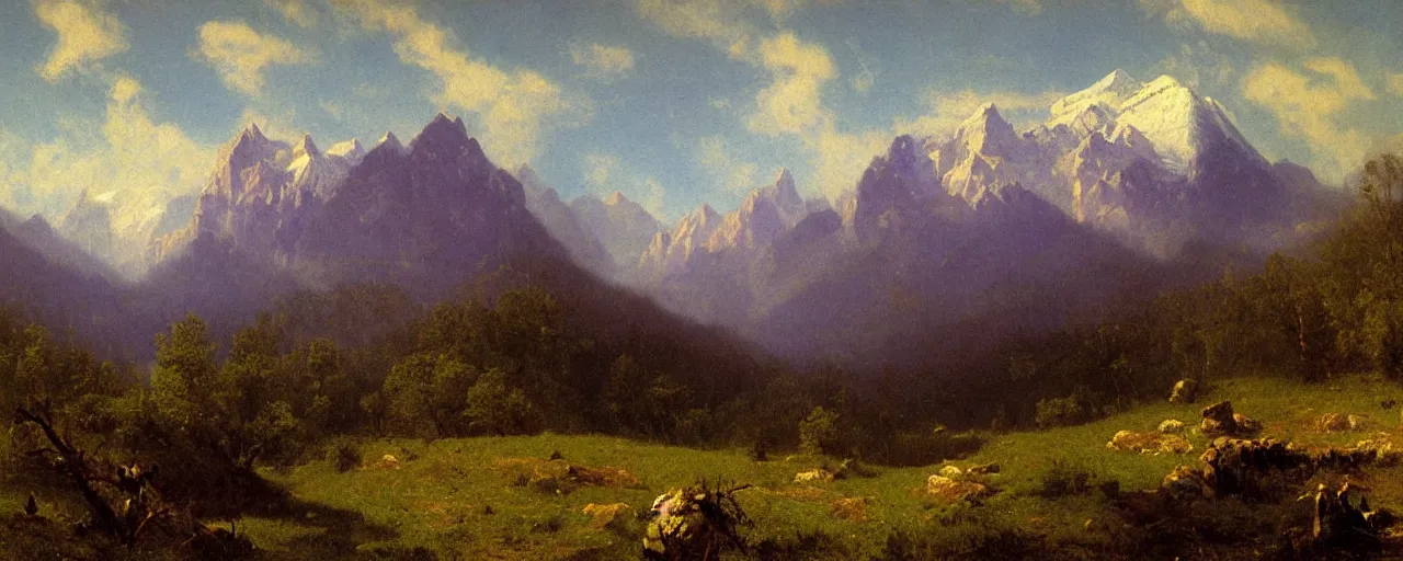 Prompt: mountains by albert bierstadt, painting