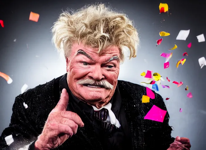 Prompt: photo still of rip taylor at a burial!!!!!!!! at age 5 4 years old 5 4 years of age!!!!!!! throwing confetti from a bucket, 8 k, 8 5 mm f 1. 8, studio lighting, rim light, right side key light