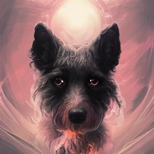 Image similar to Portrait of dog in space, dark fantasy, intricate, elegant, highly detailed, digital painting, artstation, concept art, smooth, sharp focus, illustration, art by Sam Youn and Fernanda Suarez and Artem Demura and alphonse mucha