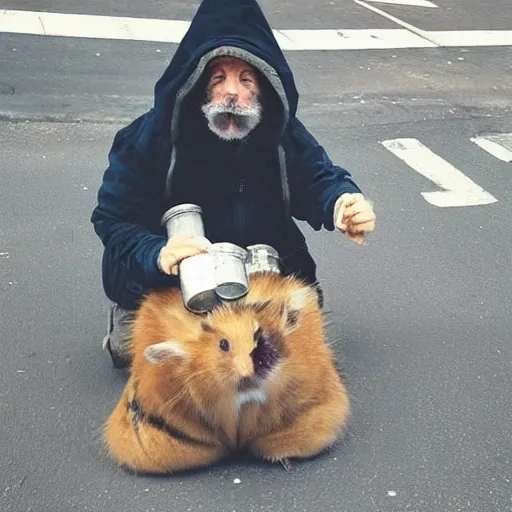 Prompt: “ hamster dressed as a homeless person sitting at an intersection with arms stretched out holding a tin can ”