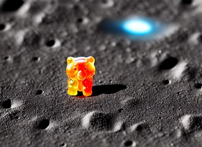 Image similar to a gummy bear walking on the moon staring back at a tiny earth, photorealistic